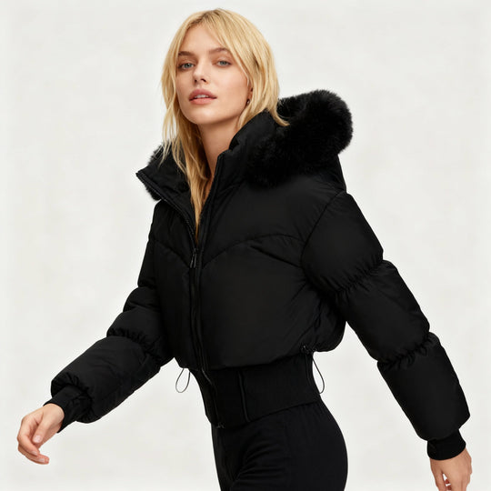 Damen cropped Daunenjacke mit abnehmbarer Kapuze und Kunstfellbesatz