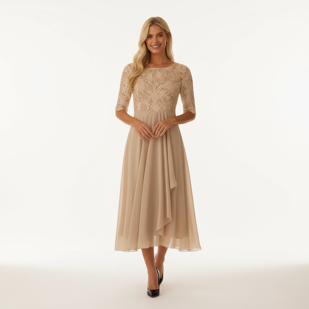 Damen Feminin Fallendes Chiffon Midikleid mit Fließendem Schnitt