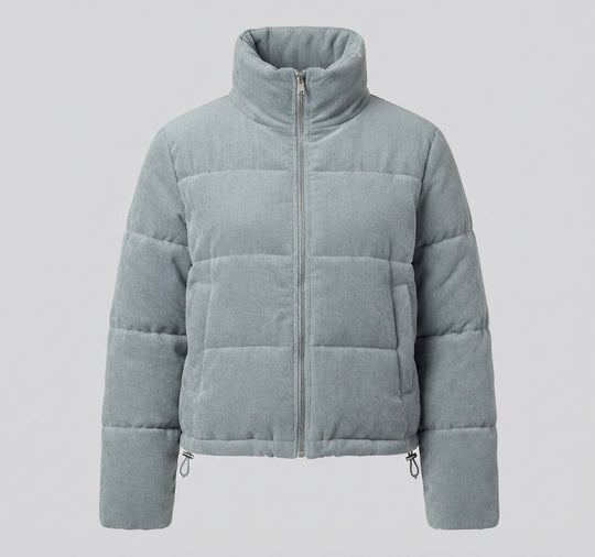 Damen kurze Cord-Puffermantel mit voluminösem Schalkragen, verdeckter Druckknopfleiste und wärmendem thermischem Futter