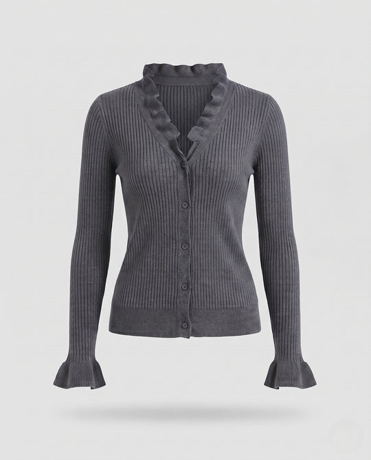 Damen Taillierter Feinstrick-Cardigan mit Rüschensaum an Kragen und Ärmeln Nord Taschen