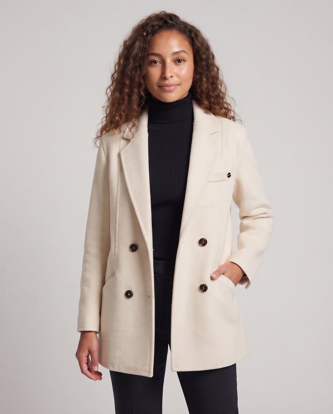 Damen Doppelreihiger Wollmix-Kurzmantel mit Brustriegel und cleanem Revers Nord Taschen