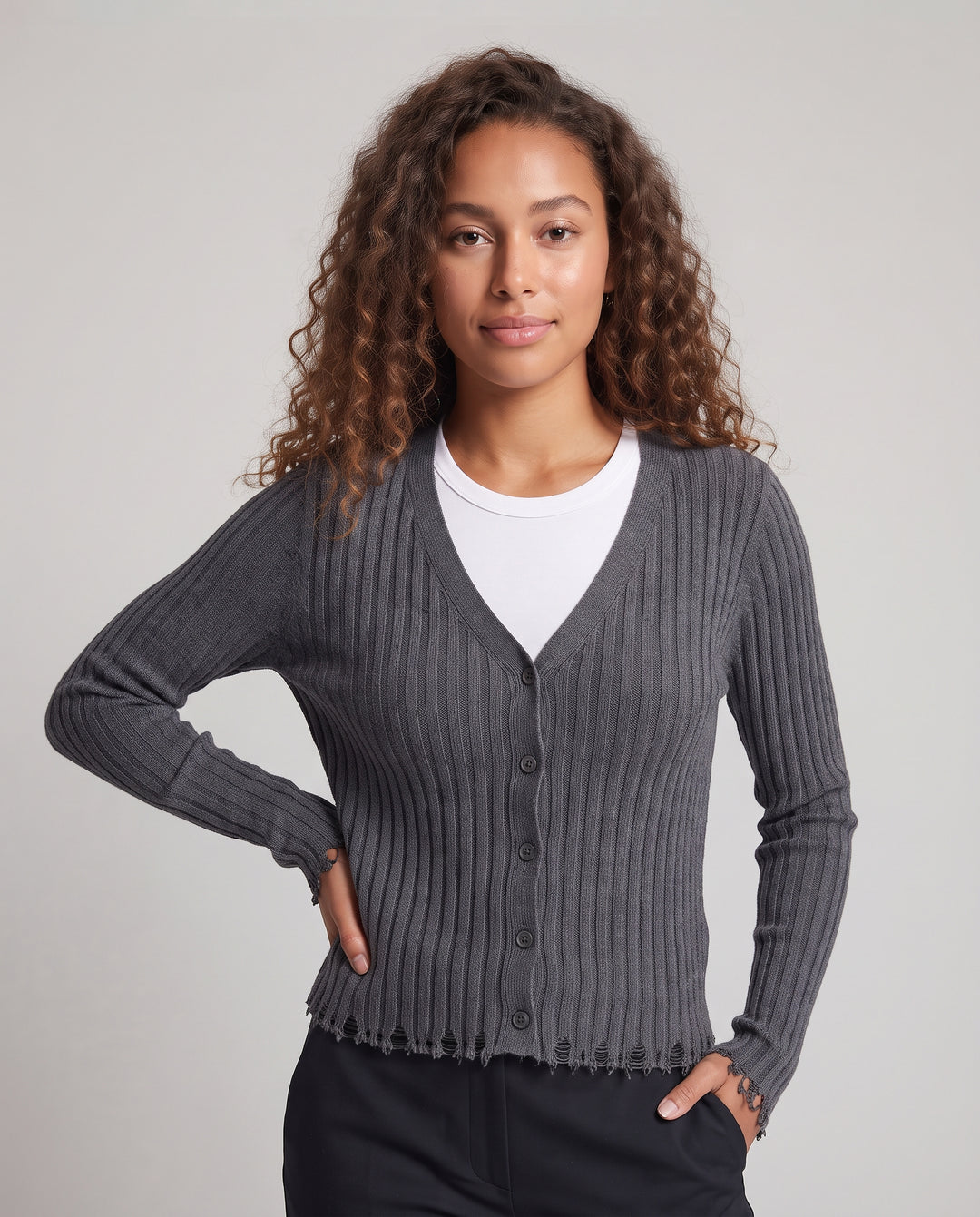 Damen Feiner Rippstrick-Cardigan mit V-Ausschnitt und Knopfleiste Nord Taschen