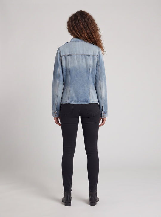 Damen Taillierte Utility-Jeansjacke mit Stehkragen und Pattentaschen Nord Taschen