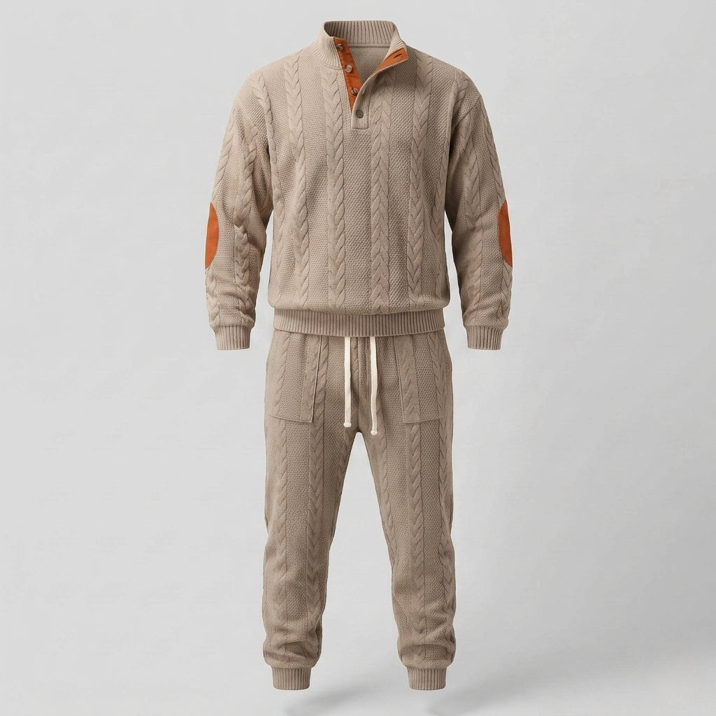 Männer Strukturierter Kabelstrick Loungewear Set mit Henley-Kragen und Jogginghose Nord Taschen