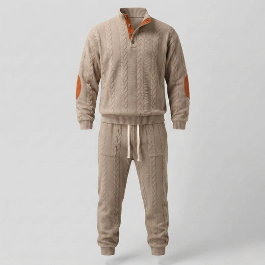 Männer Strukturierter Kabelstrick Loungewear Set mit Henley-Kragen und Jogginghose Nord Taschen