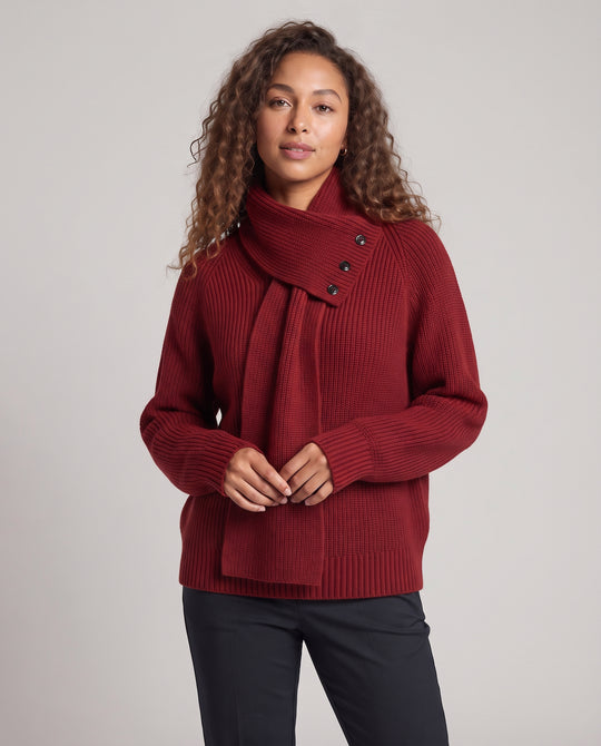 Damen Oversized Rippstrick-Pullover mit asymmetrischem Knopfkragen und Raglanärmeln Nord Taschen