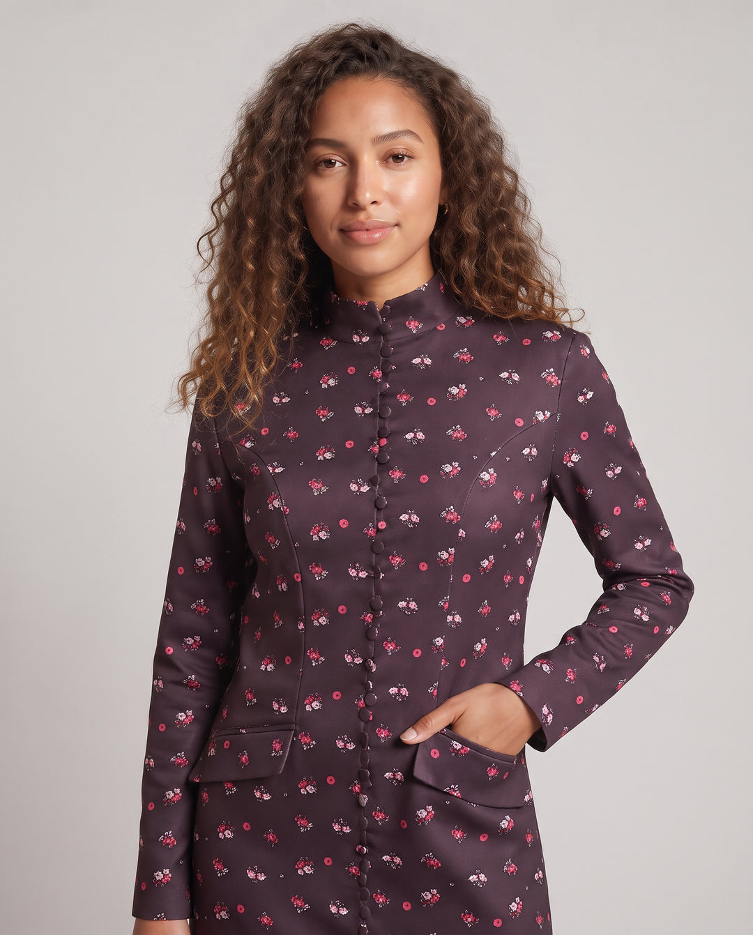 Damen Maxikleid-Mantel mit Stehkragen, durchgehender Knopfleiste und floralem Alloverprint Nord Taschen