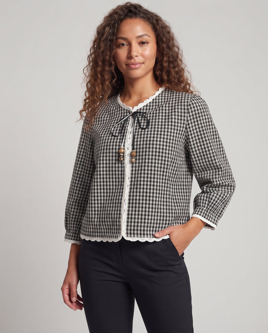 Damen Karierte Bluse-Cardigan mit Häkelkante, 3/4 Puffärmeln und Bindeband Nord Taschen