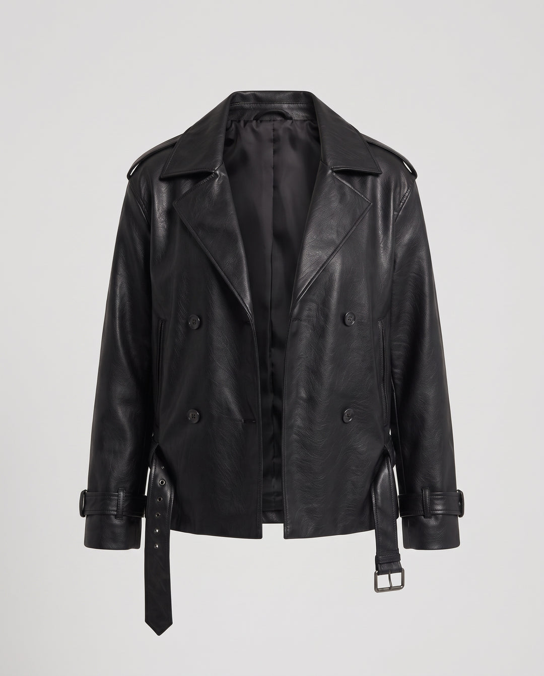 Damen Übergroße Double-Breasted Kunstlederjacke mit Taillengürtel und Glanzfinish Nord Taschen