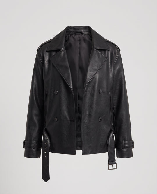 Damen Übergroße Double-Breasted Kunstlederjacke mit Taillengürtel und Glanzfinish Nord Taschen
