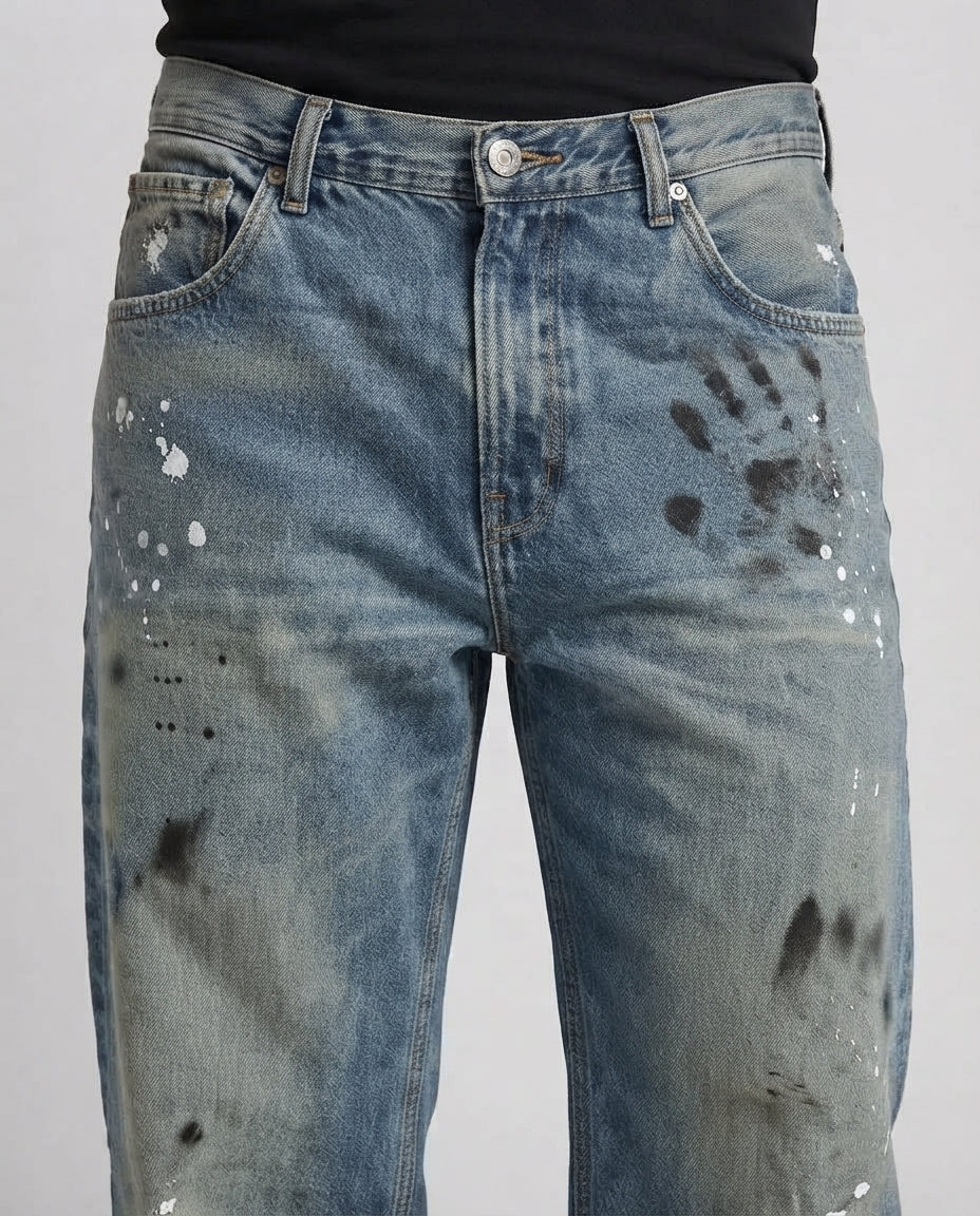 Baggy-Jeans für Männer im Vintage-Wascht mit weitem Bein, Used-Effekt und Farbtupfern Nord Taschen