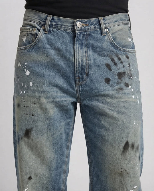 Baggy-Jeans für Männer im Vintage-Wascht mit weitem Bein, Used-Effekt und Farbtupfern Nord Taschen