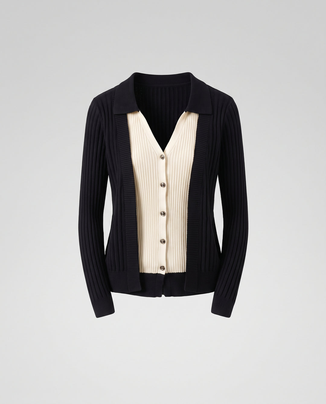 Damen Zweiteiliger Strick-Layering-Cardigan mit kontrastiertem Knopf-Top und Hemdkragen Nord Taschen