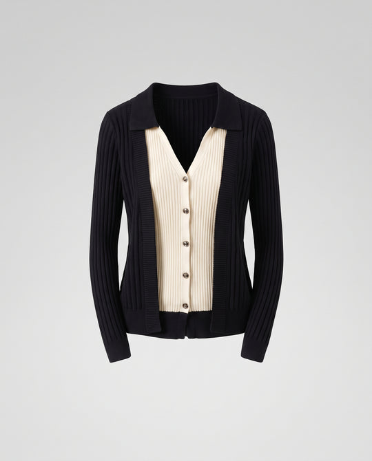 Damen Zweiteiliger Strick-Layering-Cardigan mit kontrastiertem Knopf-Top und Hemdkragen Nord Taschen