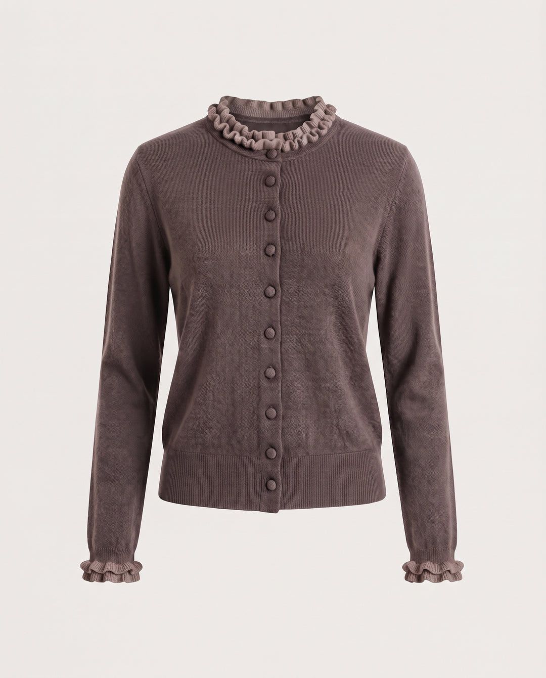 Damen Kurzgeschnittener Feinstrick-Cardigan mit Rüschenkragen und verdeckter Knopfleiste Nord Taschen