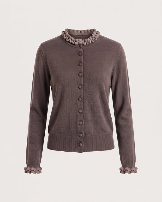 Damen Kurzgeschnittener Feinstrick-Cardigan mit Rüschenkragen und verdeckter Knopfleiste Nord Taschen