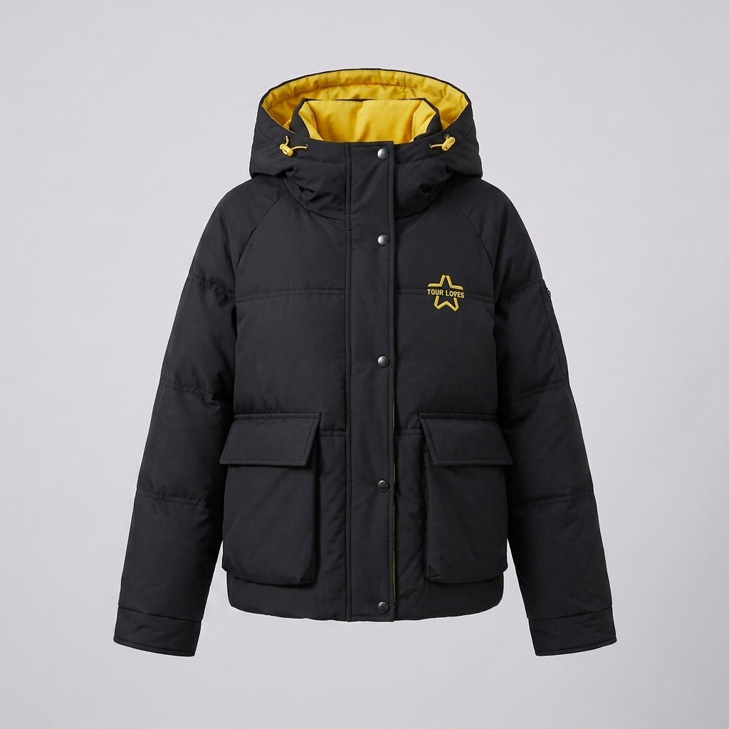 Damen Nan Boxy Pufferjacke mit verdecktem Zwe Wege Front, kontrastierendem Innenpaneel und funktionalen Klappen Taschen