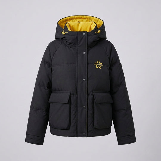 Damen Nan Boxy Pufferjacke mit verdecktem Zwe Wege Front, kontrastierendem Innenpaneel und funktionalen Klappen Taschen
