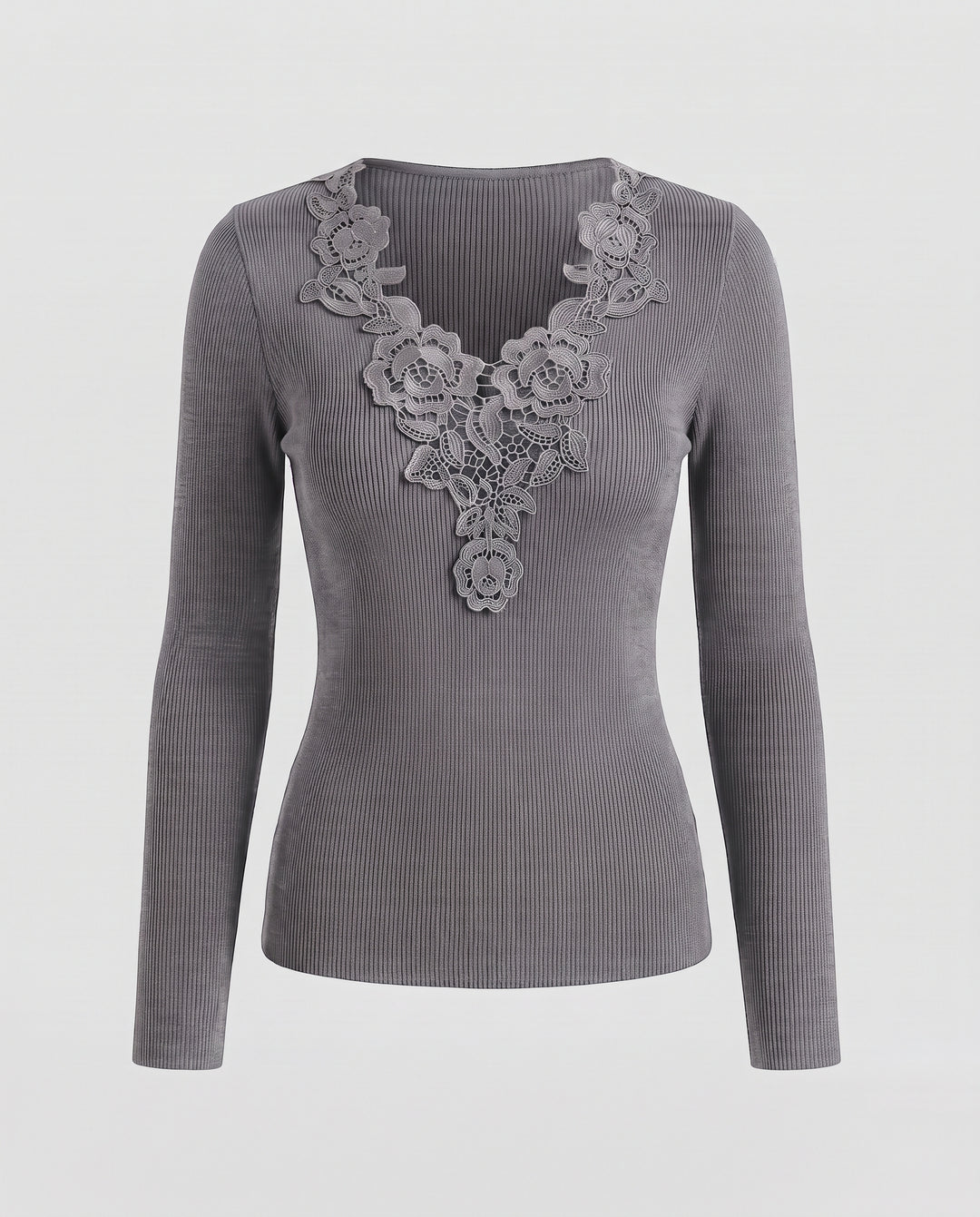 Damen Feiner Rippstrickpullover mit tiefem V‑Ausschnitt und floraler Spitzenapplikation Nord Taschen