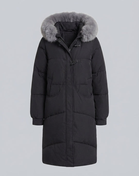 Damen extra langer oversized Puffermantel mit voluminöser Kapuze, abnehmbarer Kunstfellverzierung und lärmminderndem Außenmaterial