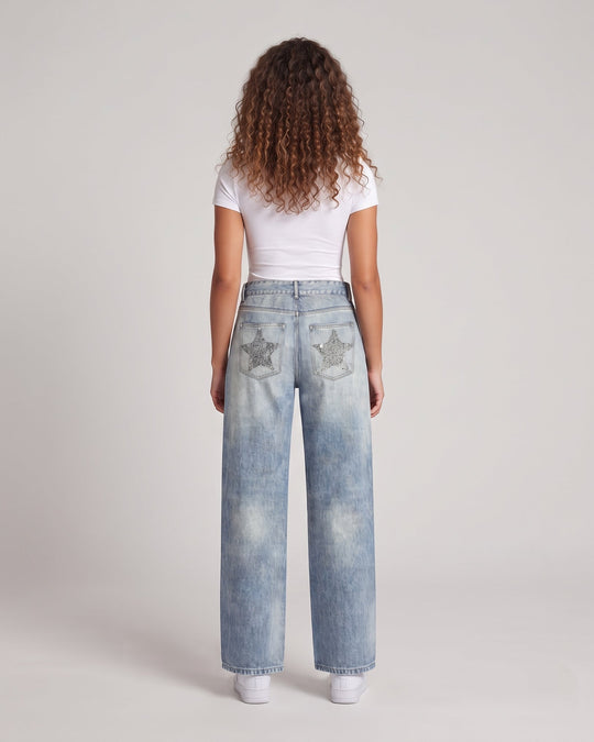 Damen Weite Highwaist-Jeans mit Sternen-Nieten und geradem Bein Nord Taschen