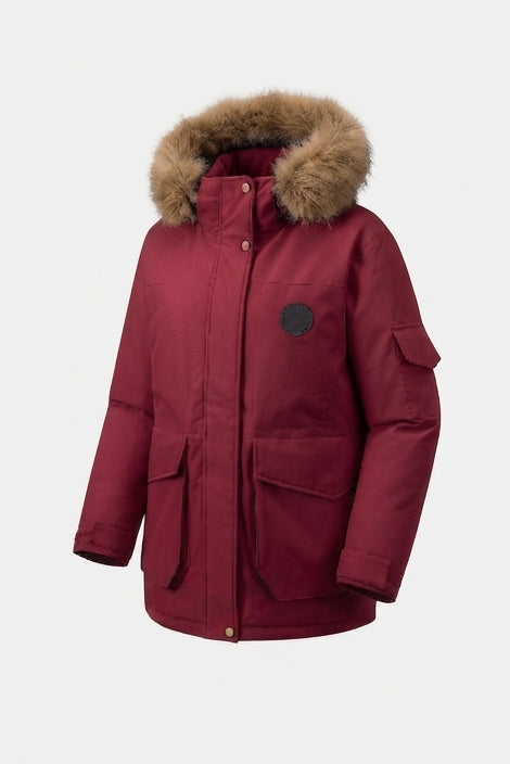 Damen gepolsterte oversized Parka mit abnehmbarem Kunstfellkapuze, großen Cargo- Klappentaschen und wärmerer Wärmeisolierung