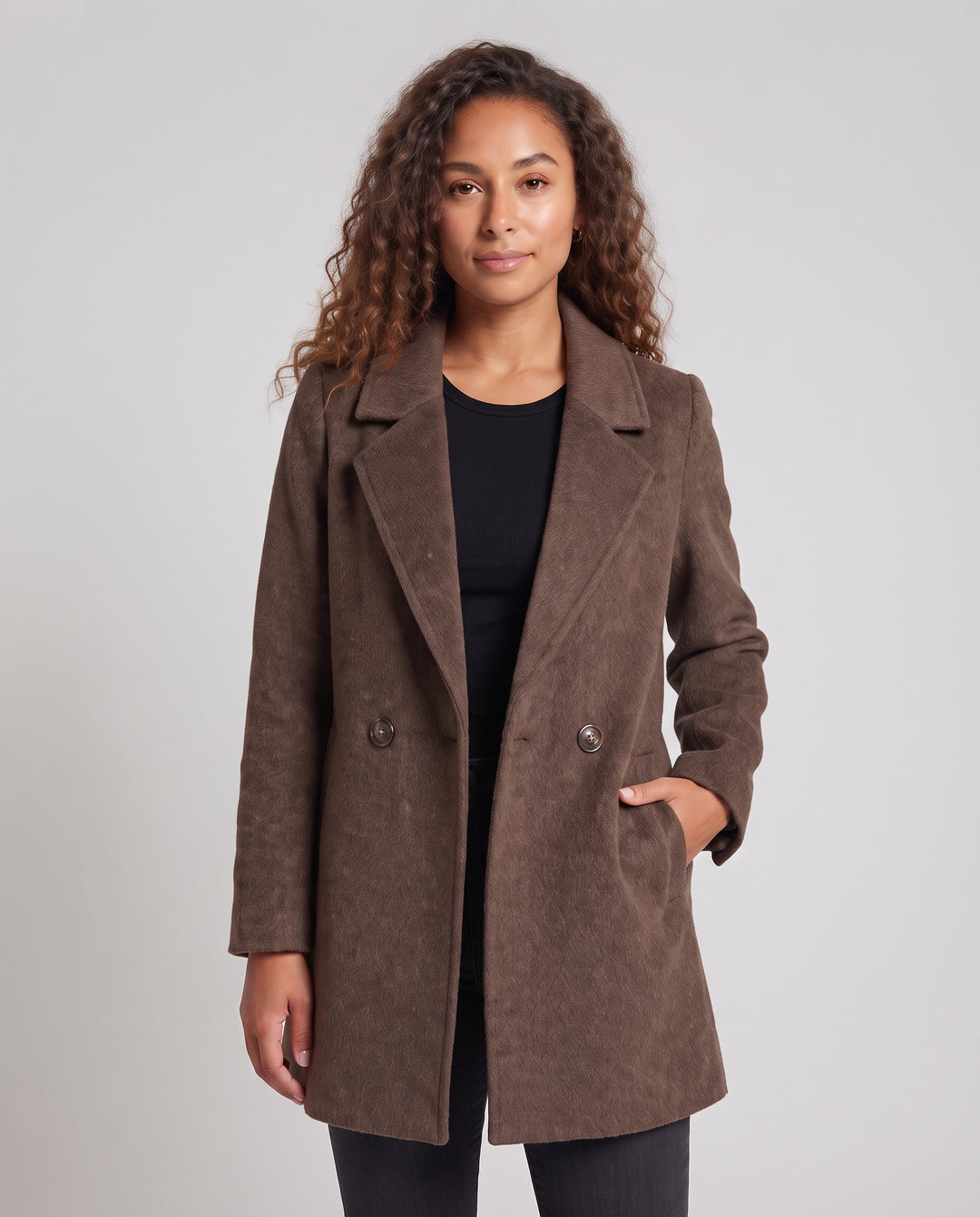 Damen double­reihiger Wollmix‑Kurzmantel mit geradem Schnitt und Reverskragen Nord Taschen
