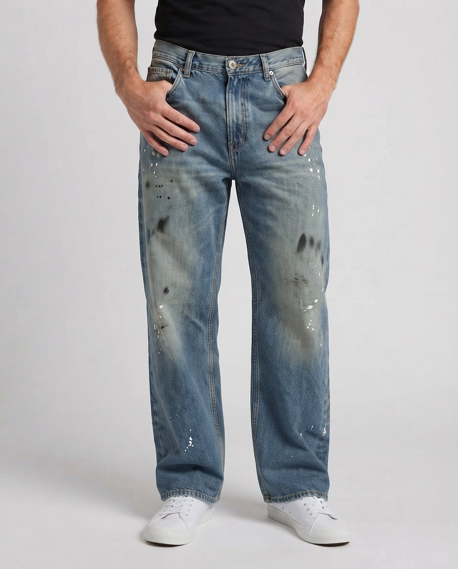 Baggy-Jeans für Männer im Vintage-Wascht mit weitem Bein, Used-Effekt und Farbtupfern Nord Taschen