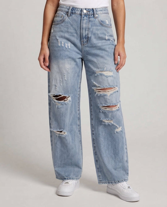 Damenweite zerstörte Baggy-Jeans mit elastischem Bund Nord Taschen