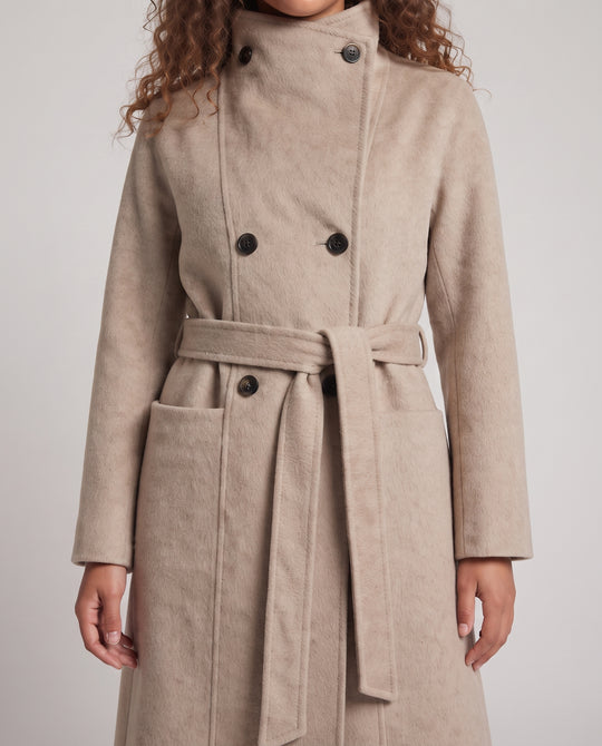 Damen Maxilanger Wollmix‑Mantel mit weitem Stehkragen, Oversize‑Ärmeln und aufgesetzten Taschen Nord Taschen