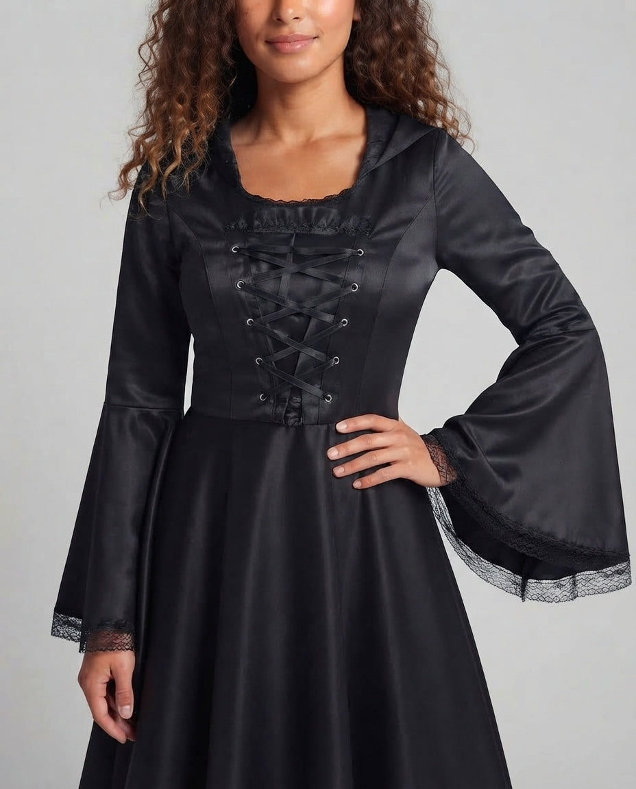 Damen Kapuzenkleid mit schwingendem Rock und Spitzenverzierungen Nord Taschen