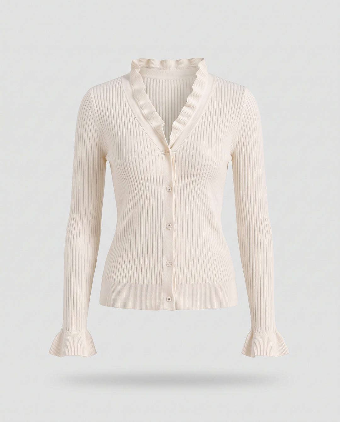Damen Taillierter Feinstrick-Cardigan mit Rüschensaum an Kragen und Ärmeln Nord Taschen