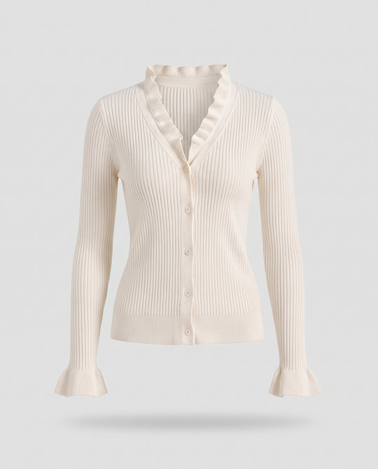 Damen Taillierter Feinstrick-Cardigan mit Rüschensaum an Kragen und Ärmeln Nord Taschen
