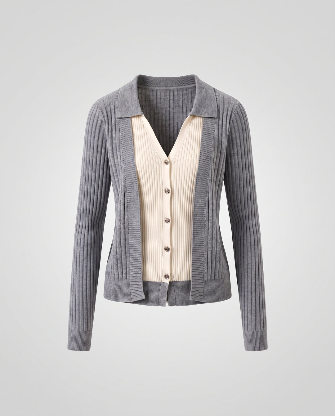 Damen Zweiteiliger Strick-Layering-Cardigan mit kontrastiertem Knopf-Top und Hemdkragen Nord Taschen