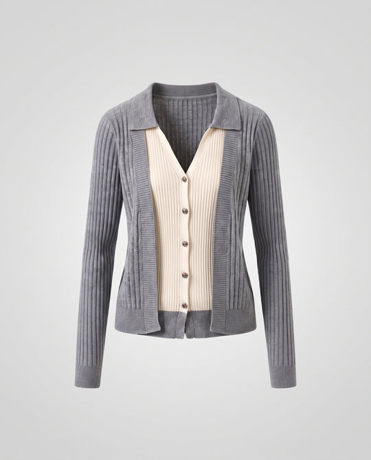 Damen Zweiteiliger Strick-Layering-Cardigan mit kontrastiertem Knopf-Top und Hemdkragen Nord Taschen