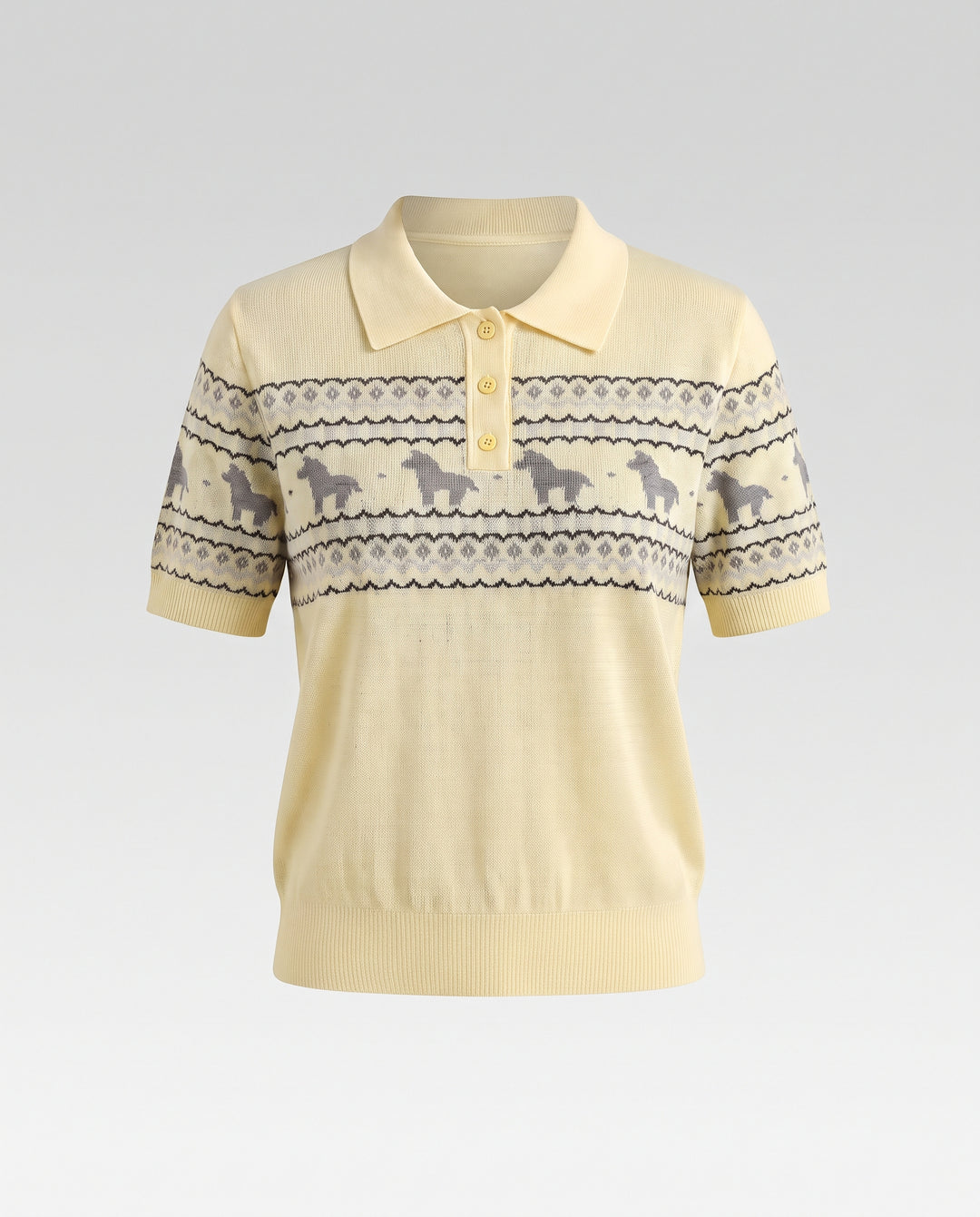 Damen Leichtes Kurzarm-Polo-Feinstricktop mit Pferde-Jacquard und geripptem Saum Nord Taschen