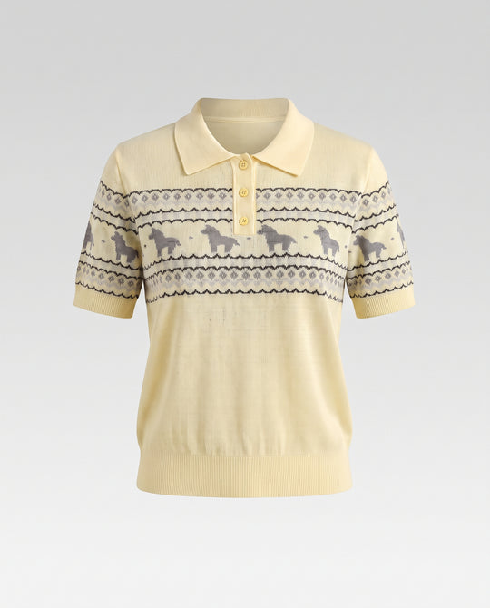 Damen Leichtes Kurzarm-Polo-Feinstricktop mit Pferde-Jacquard und geripptem Saum Nord Taschen