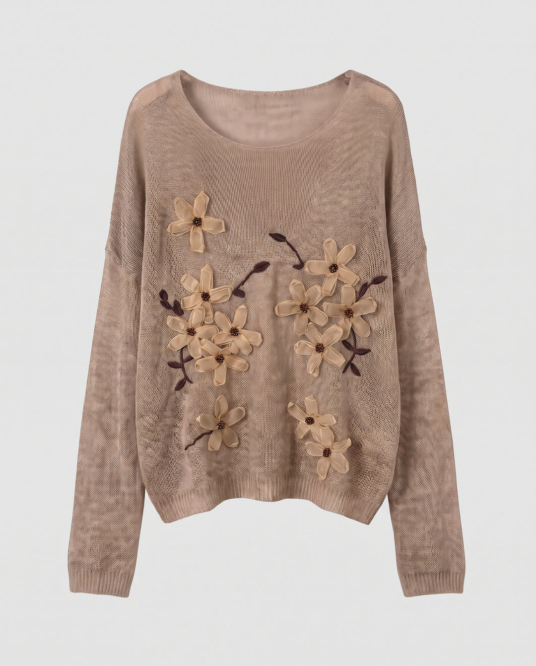 Damen Feinstrick-Pullover mit transparenten Blumen-Applikationen Nord Taschen
