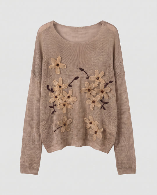 Damen Feinstrick-Pullover mit transparenten Blumen-Applikationen Nord Taschen