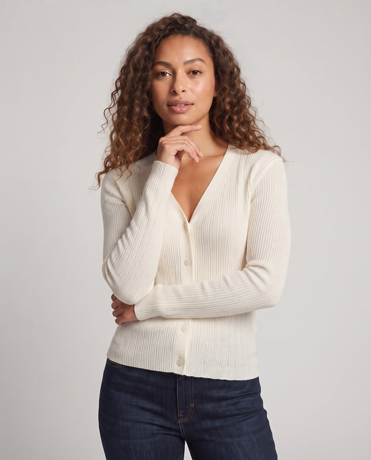 Damen Schlanker V-Ausschnitt Cardigan aus stretchigem Rippenstrick mit asymmetrischem Saum Nord Taschen