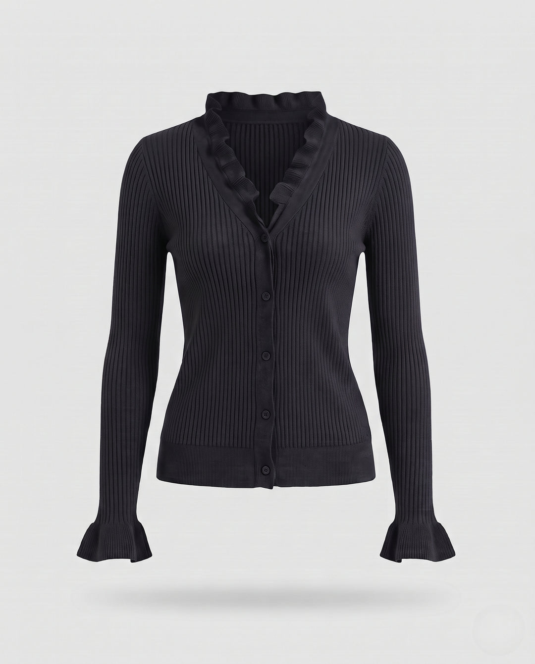 Damen Taillierter Feinstrick-Cardigan mit Rüschensaum an Kragen und Ärmeln Nord Taschen