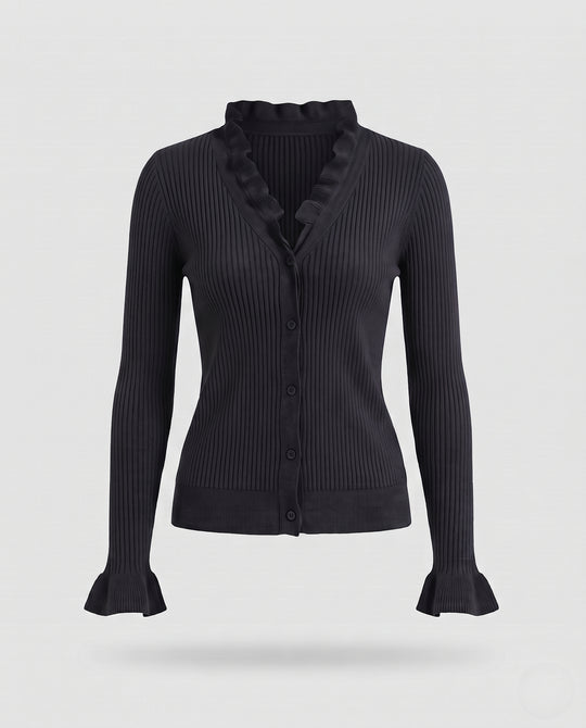 Damen Taillierter Feinstrick-Cardigan mit Rüschensaum an Kragen und Ärmeln Nord Taschen