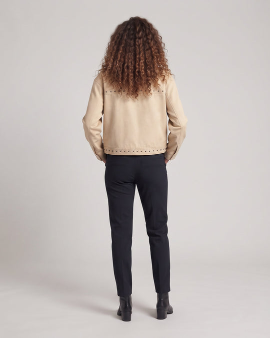 Damen Kurze Kunstlederjacke mit Stehkragen, Nietenbesatz und durchgehendem Reißverschluss Nord Taschen