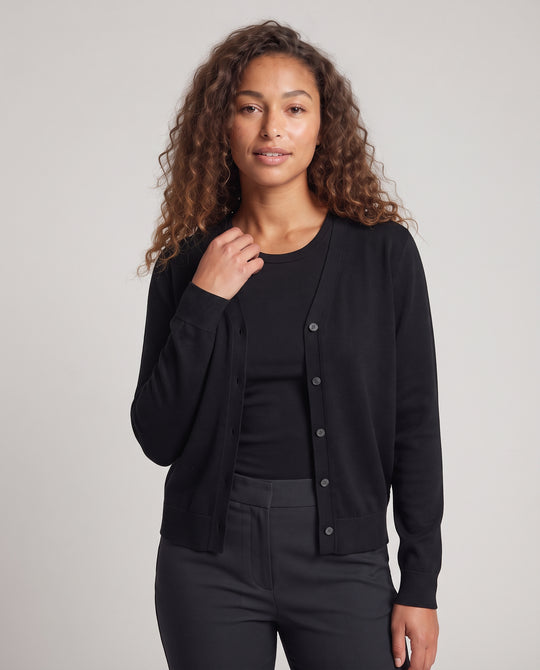 Damen Feiner V-Ausschnitt-Cardigan aus Baumwollmix mit geripptem Saum Nord Taschen