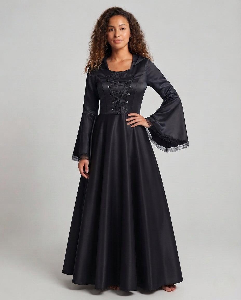 Damen Kapuzenkleid mit schwingendem Rock und Spitzenverzierungen Nord Taschen