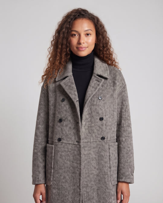 Damen kastiger Doppelreihiger Wollmix-Longcoat mit aufgesetzten Taschen Nord Taschen