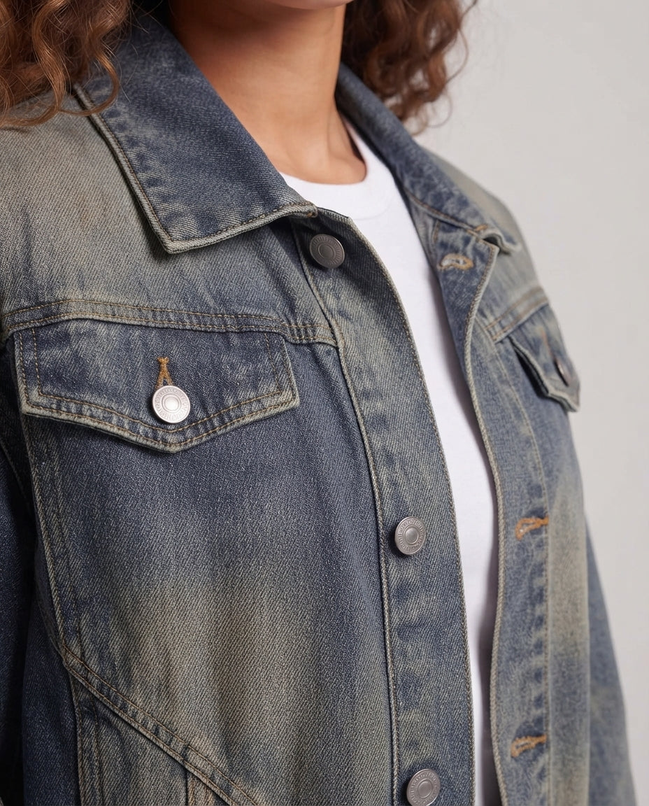 Damen Oversized Jeansjacke mit elastischem Saum, Ballonärmeln und geformten Nord Taschen-Nahtdetails Nord Taschen