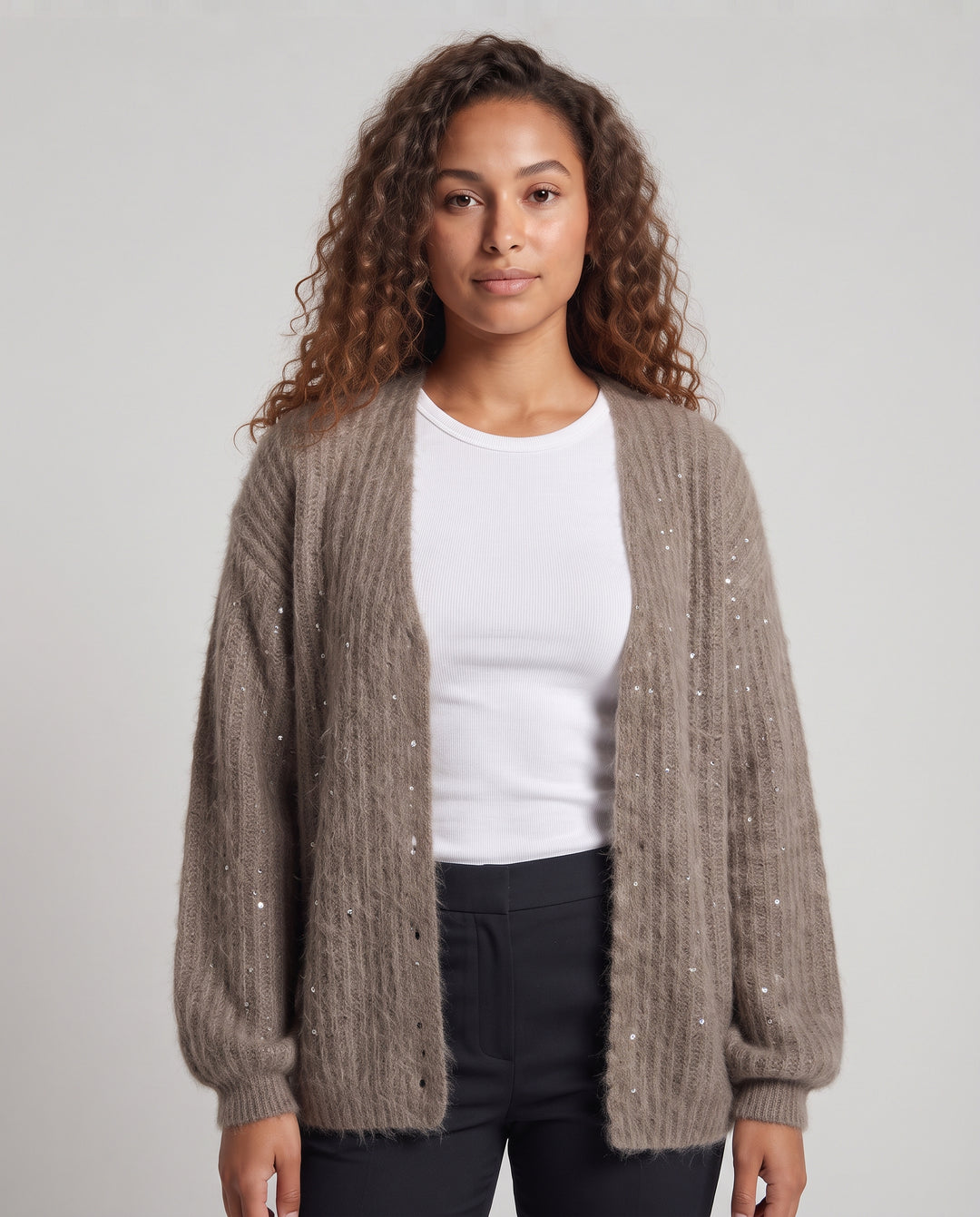 Damen Offener Mohair-Optik Cardigan mit Rippenstruktur und Oversize-Ärmeln Nord Taschen