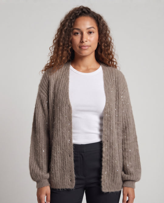 Damen Offener Mohair-Optik Cardigan mit Rippenstruktur und Oversize-Ärmeln Nord Taschen