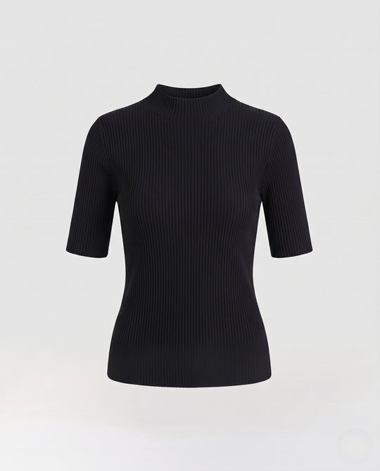 Damen Kurzarm-Feinstrickshirt mit Stehkragen und feiner Rippenstruktur Nord Taschen